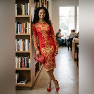 Red & Gold Baroque-Print Long Sleeve Midi Dress☑️